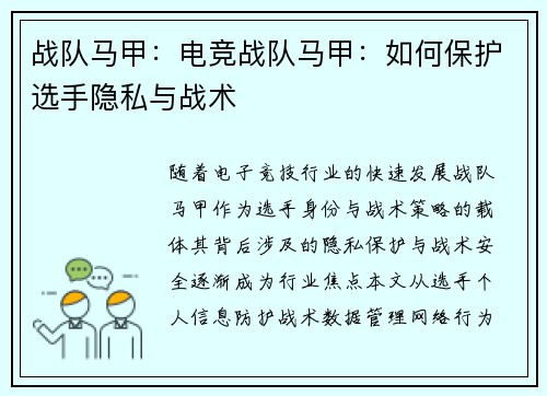 战队马甲：电竞战队马甲：如何保护选手隐私与战术