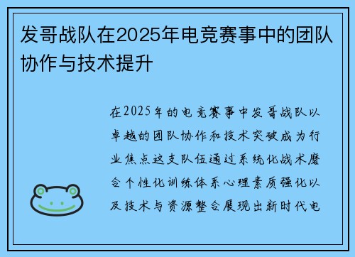 发哥战队在2025年电竞赛事中的团队协作与技术提升